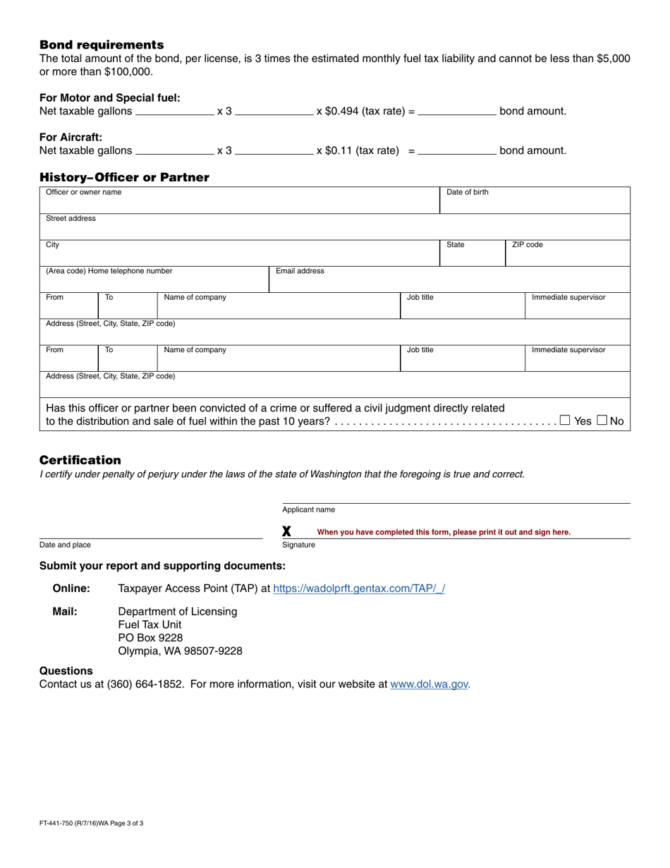 Form FT-441-750 Fuel Tax Application - Washington, Page 3