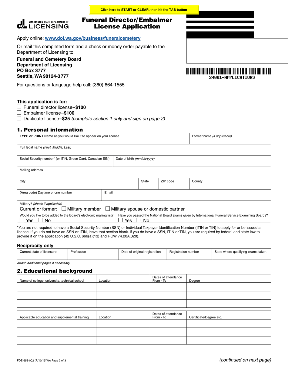Form FDE-653-002 Funeral Director / Embalmer License Application - Washington, Page 2