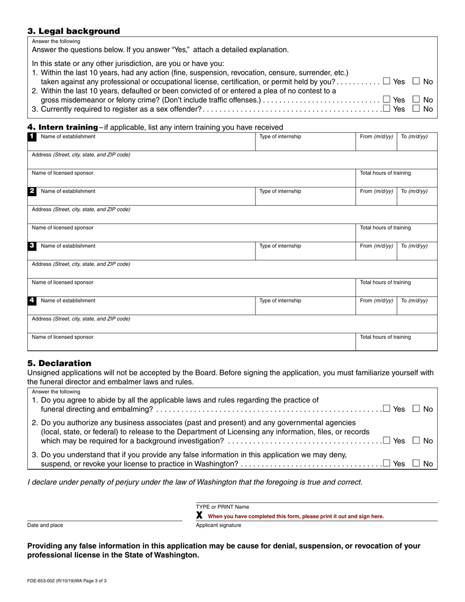 Form FDE-653-002 Funeral Director / Embalmer License Application - Washington, Page 3