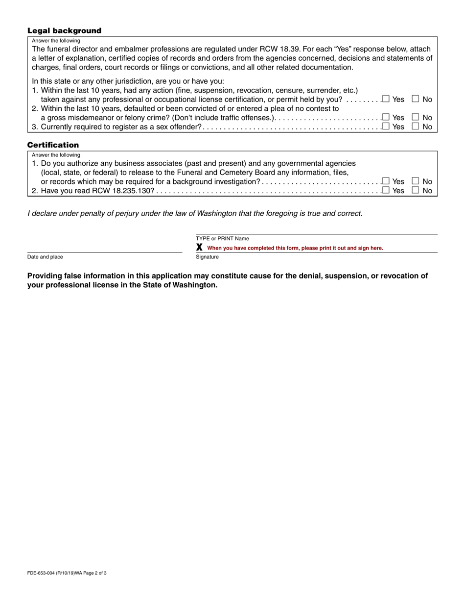 Form FDE-653-004 Funeral Director / Embalmer Intern Application - Washington, Page 2
