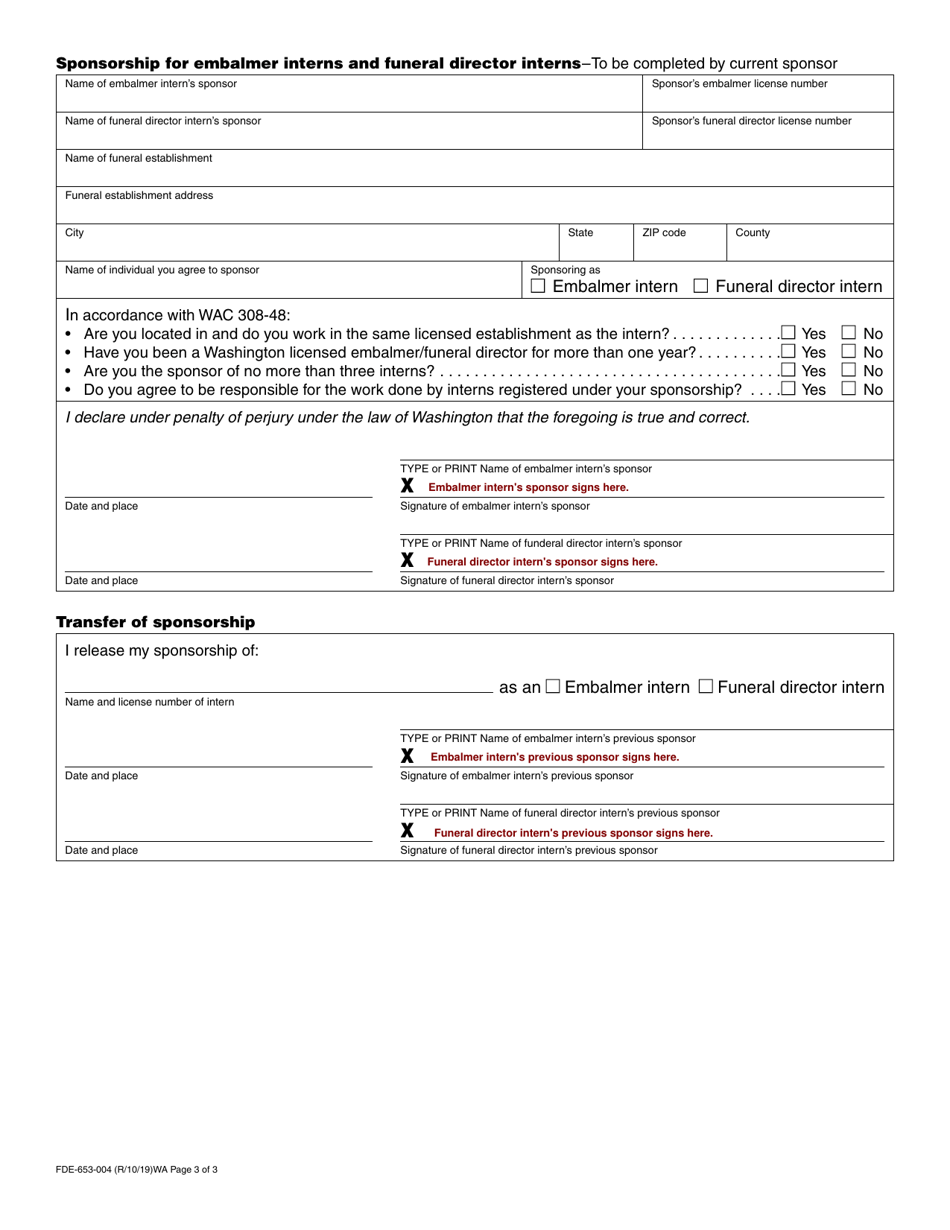 Form FDE-653-004 Funeral Director / Embalmer Intern Application - Washington, Page 3