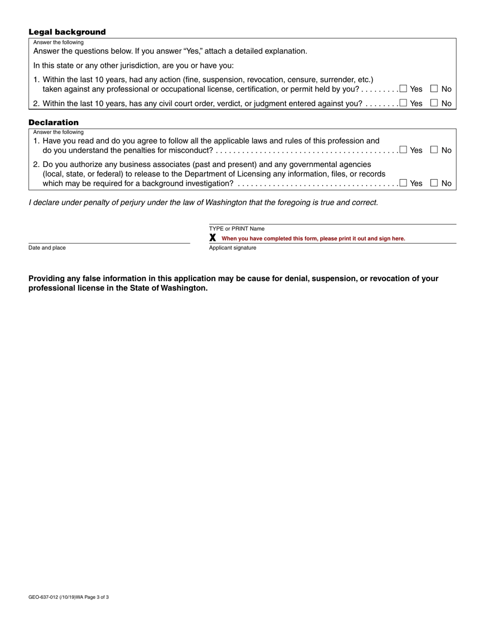 Form GEO-637-012 Geologist-In-training Certificate Application - Washington, Page 3