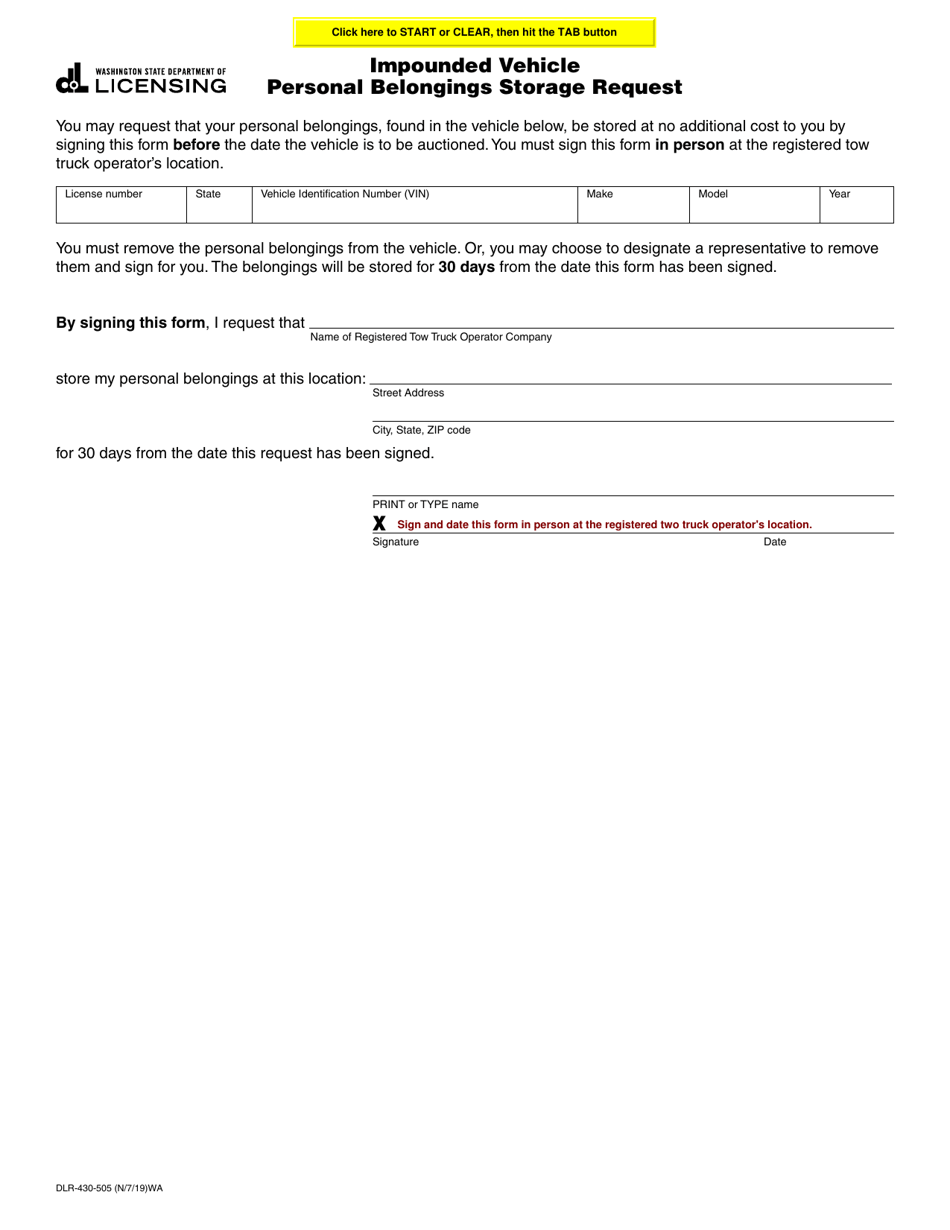 Form DLR-430-505 Impounded Vehicle Personal Belongings Storage Request - Washington, Page 1