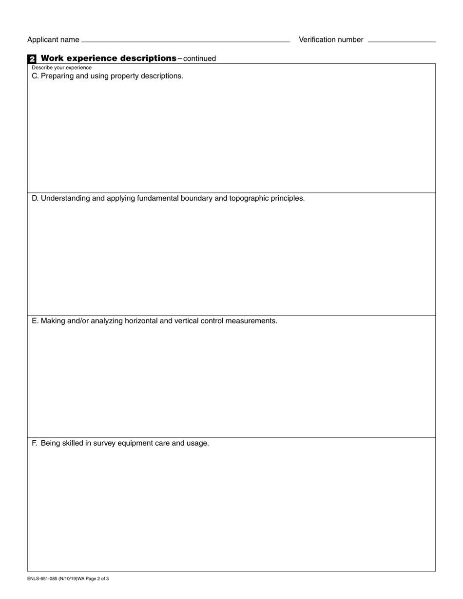 Form ENLS-651-085 Land Surveyor-In-training Experience and Verification - Washington, Page 2