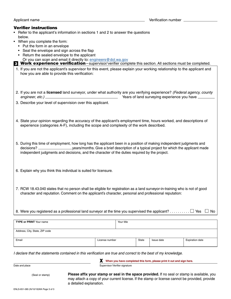 Form ENLS-651-085 Land Surveyor-In-training Experience and Verification - Washington, Page 3