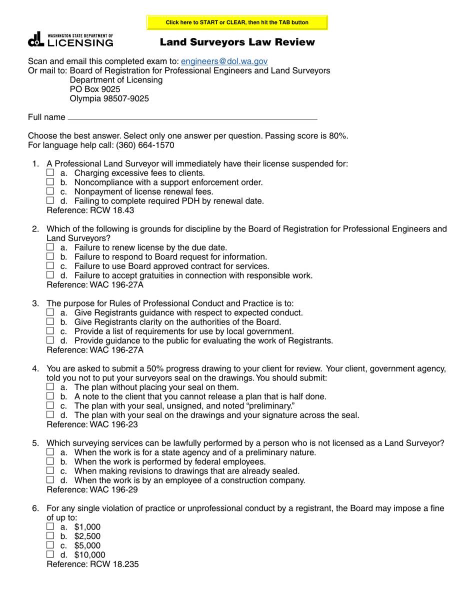 Form ENLS-651-032 Land Surveyors Law Review - Washington, Page 1