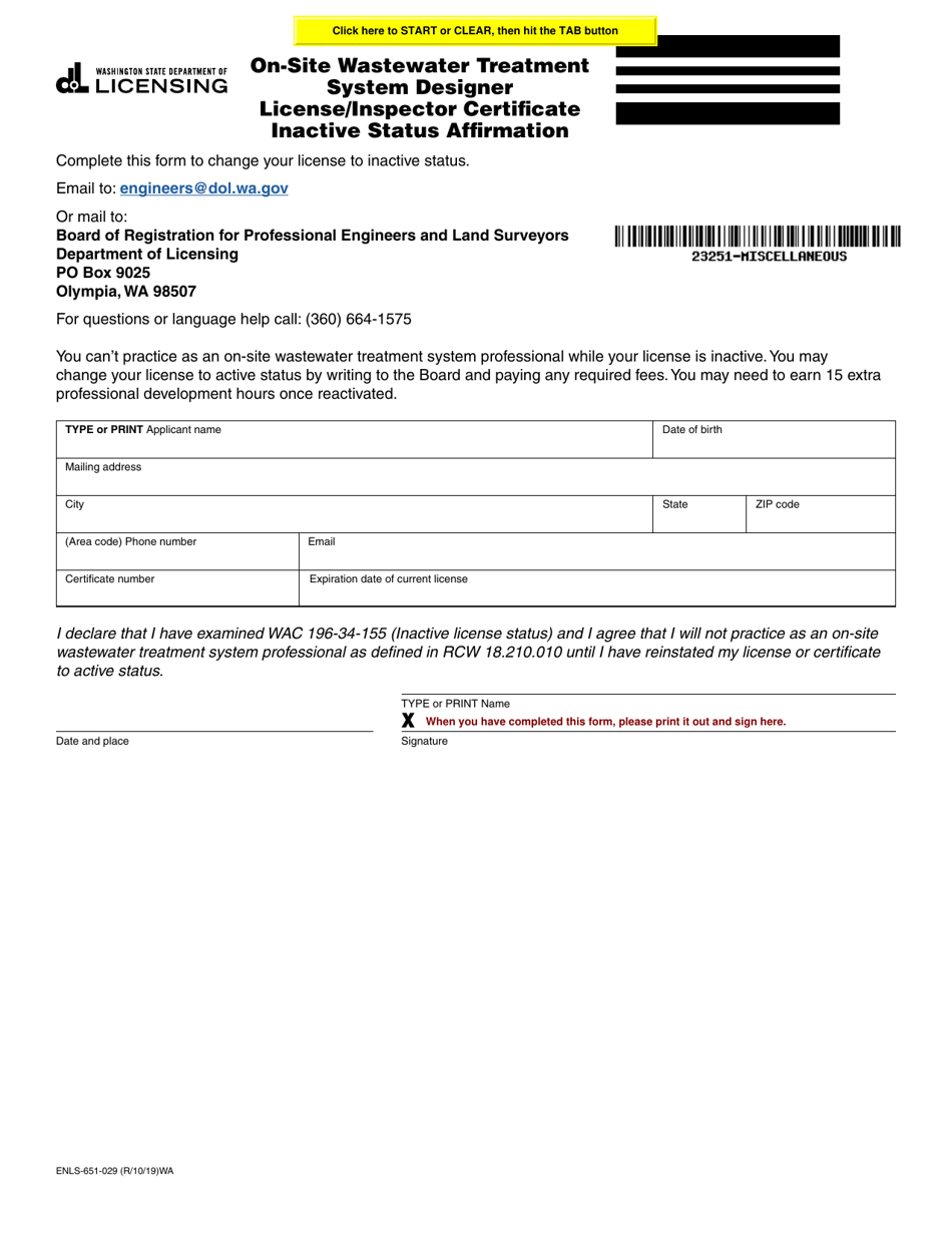 Form ENLS-651-029 On-Site Wastewater Treatment System Designer License / Inspector Certificate Inactive Status Affirmation - Washington, Page 1