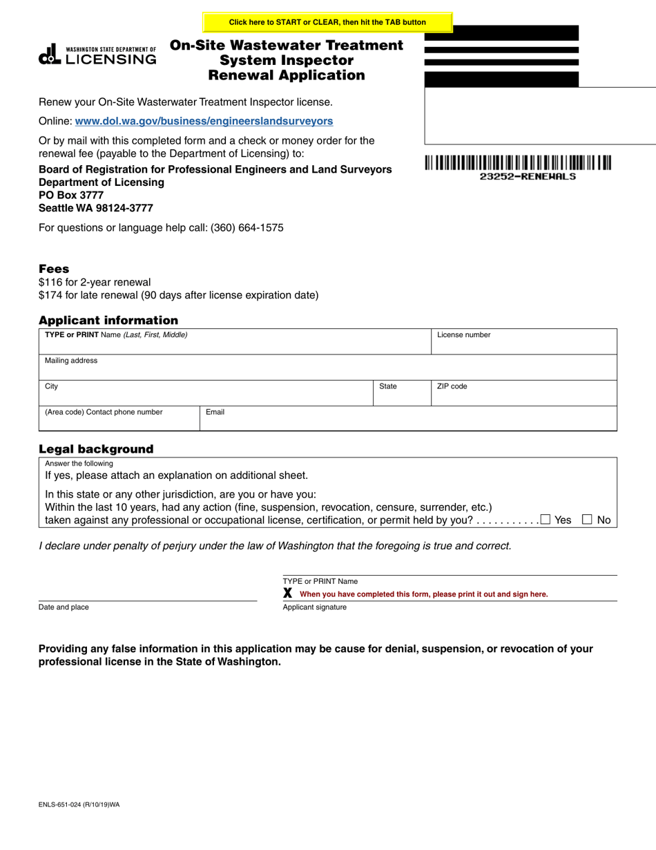Form ENLS-651-024 On-Site Wastewater Treatment System Inspector Renewal Application - Washington, Page 1