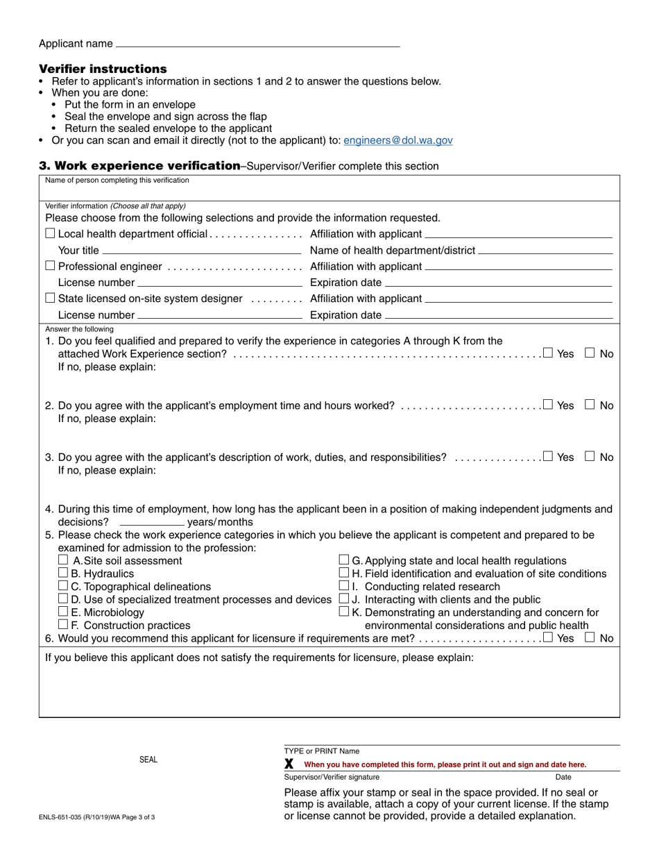Form ENLS-651-035 On-Site Wastewater Treatment Systems Designer Experience Verification - Washington, Page 3