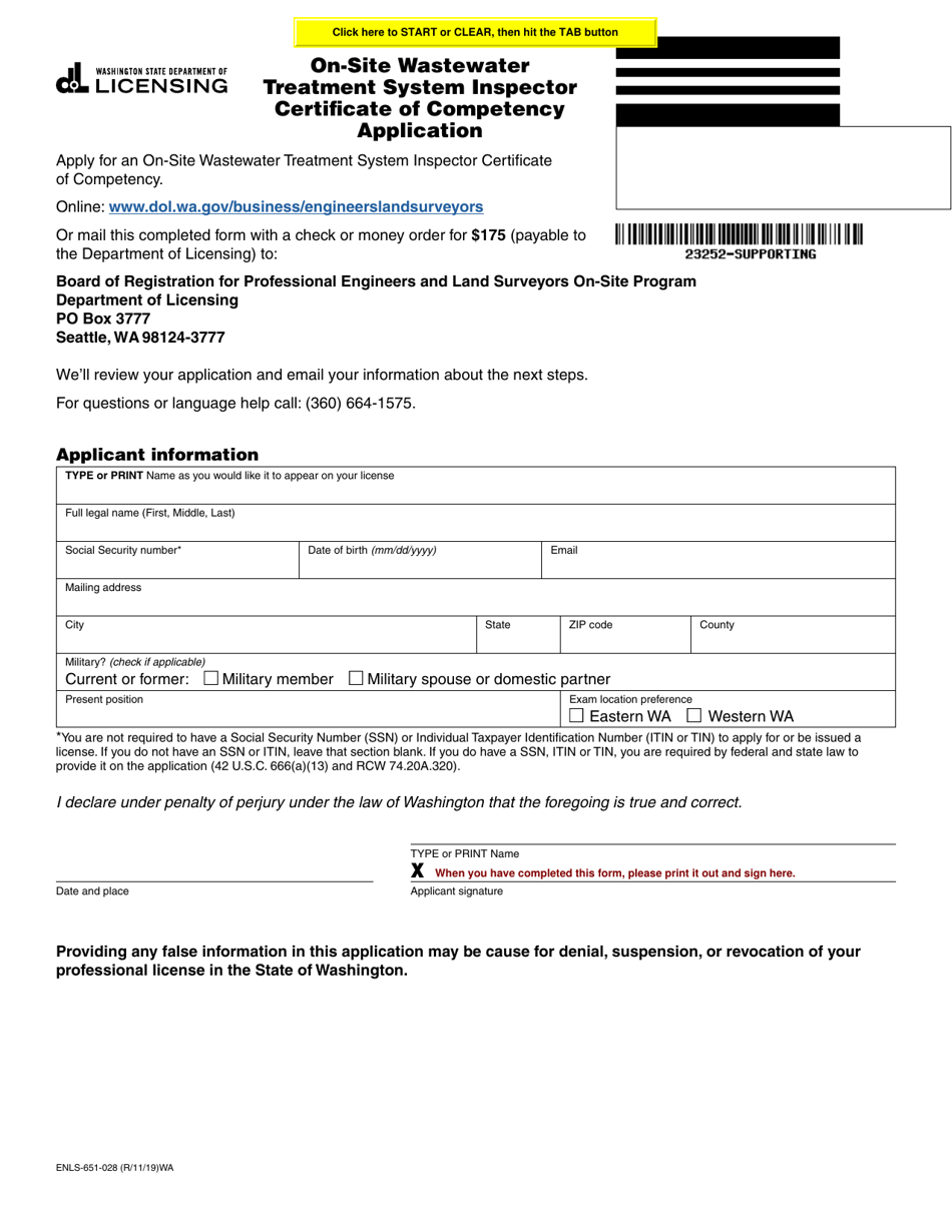 Form ENLS-651-028 On-Site Wastewater Treatment System Inspector Certificate of Competency Application - Washington, Page 1