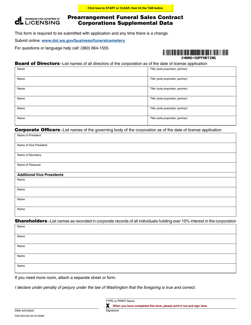 Form FDE-653-042 Prearrangement Funeral Sales Contract Corporations Supplemental Data - Washington, Page 1