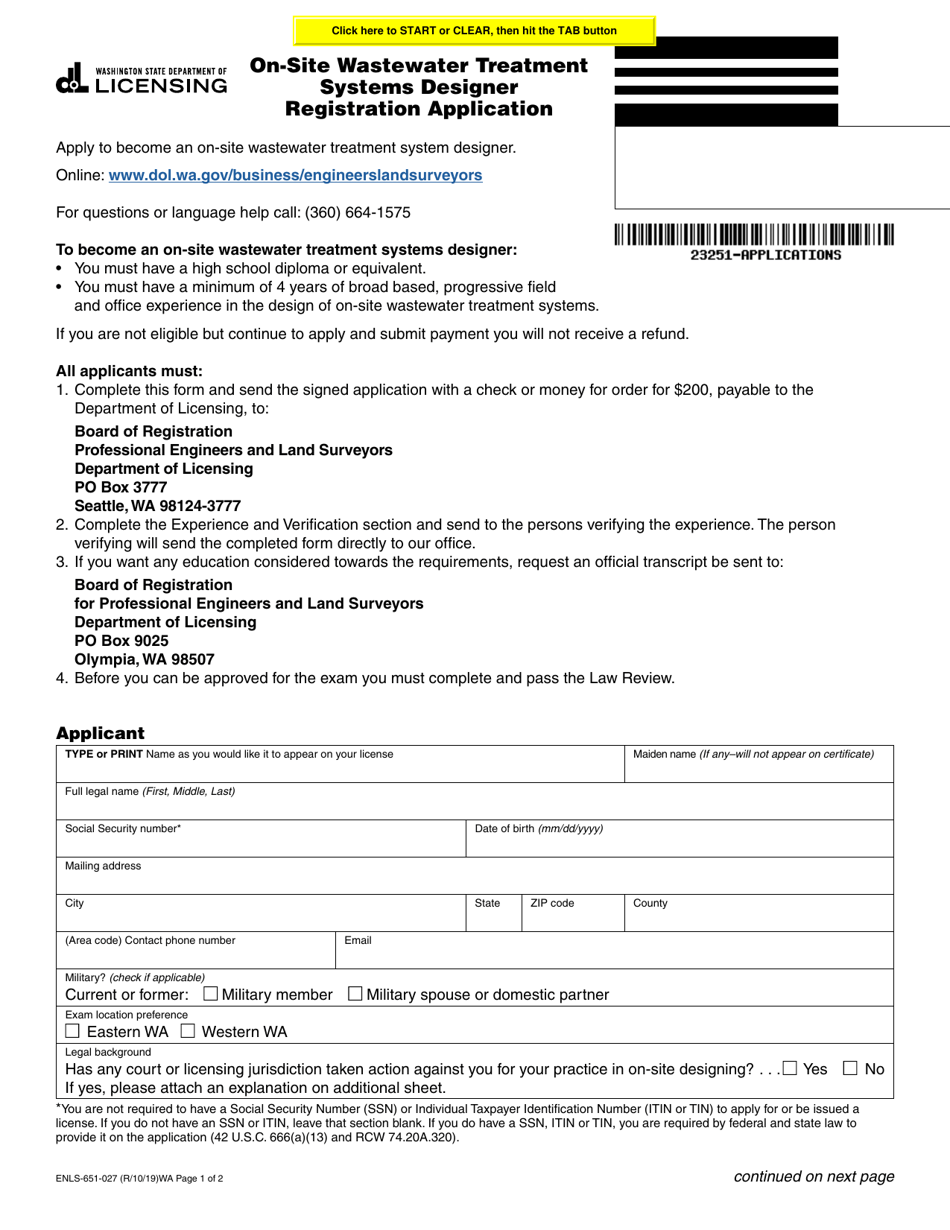 Form ENLS-651-027 On-Site Wastewater Treatment Systems Designer Registration Application - Washington, Page 1