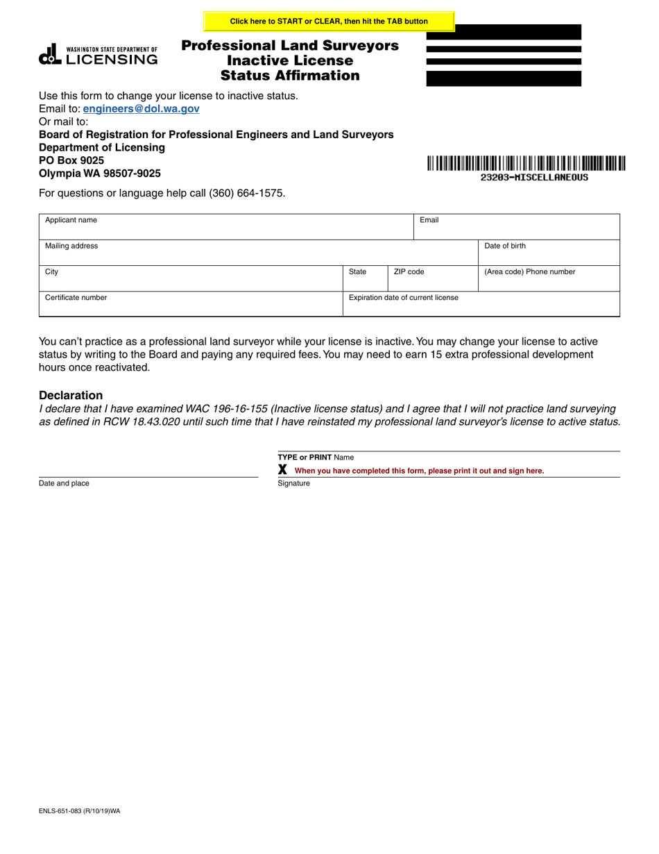 Form ENLS-651-083 Professional Land Surveyors Inactive License Status Affirmation - Washington, Page 1
