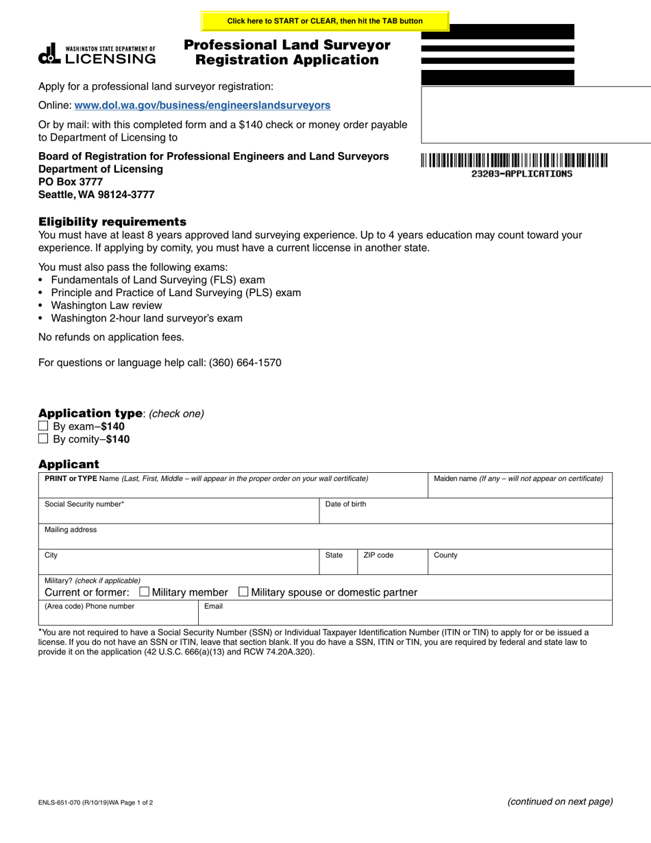 Form ENLS-651-070 Professional Land Surveyor Registration Application - Washington, Page 1