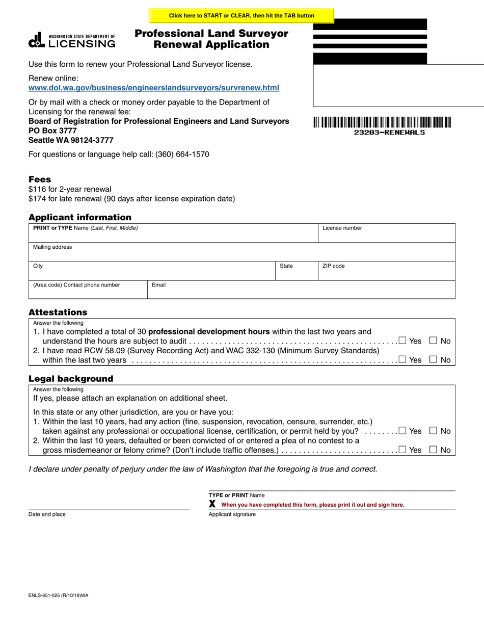 Form ENLS-651-025 Professional Land Surveyor Renewal Application - Washington, Page 1