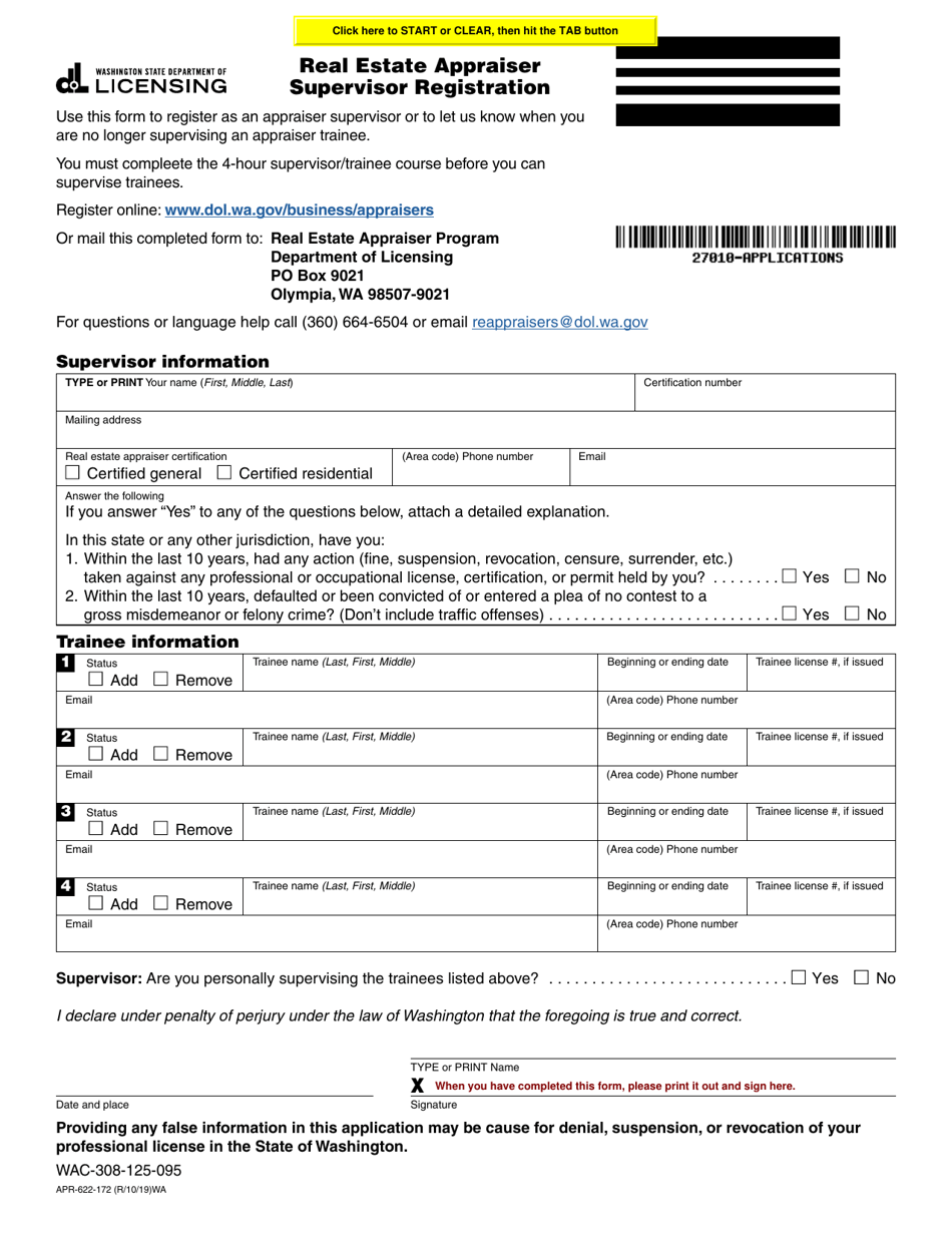 Form APR-622-172 Real Estate Appraiser Supervisor Registration - Washington, Page 1