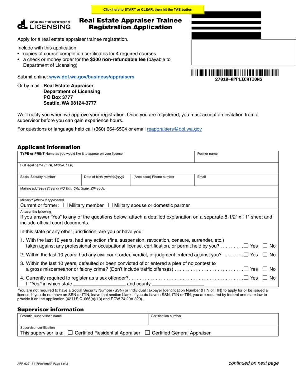 Form APR-622-171 Real Estate Appraiser Trainee Registration Application - Washington, Page 1