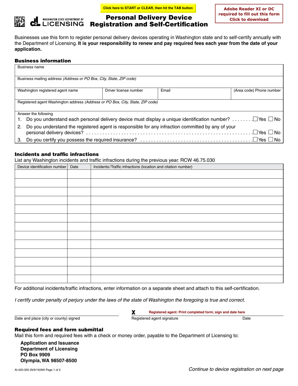 Form AI-420-350 Personal Delivery Device Registration and Self-certification - Washington, Page 1