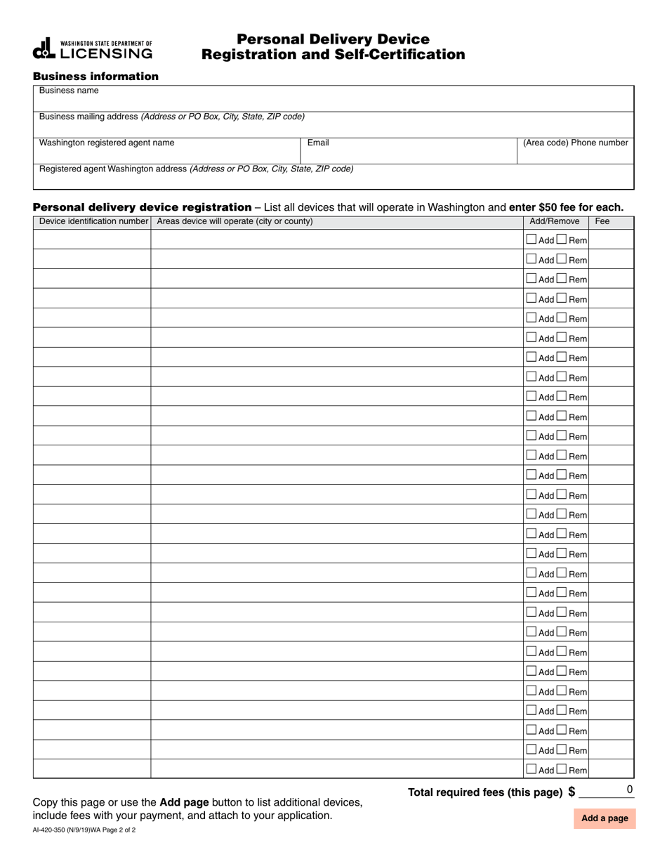 Form AI-420-350 Personal Delivery Device Registration and Self-certification - Washington, Page 2