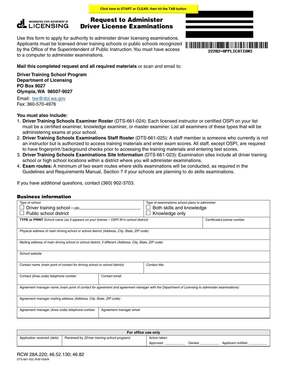 Form DTS-661-022 Request to Administer Driver License Examinations - Washington, Page 1