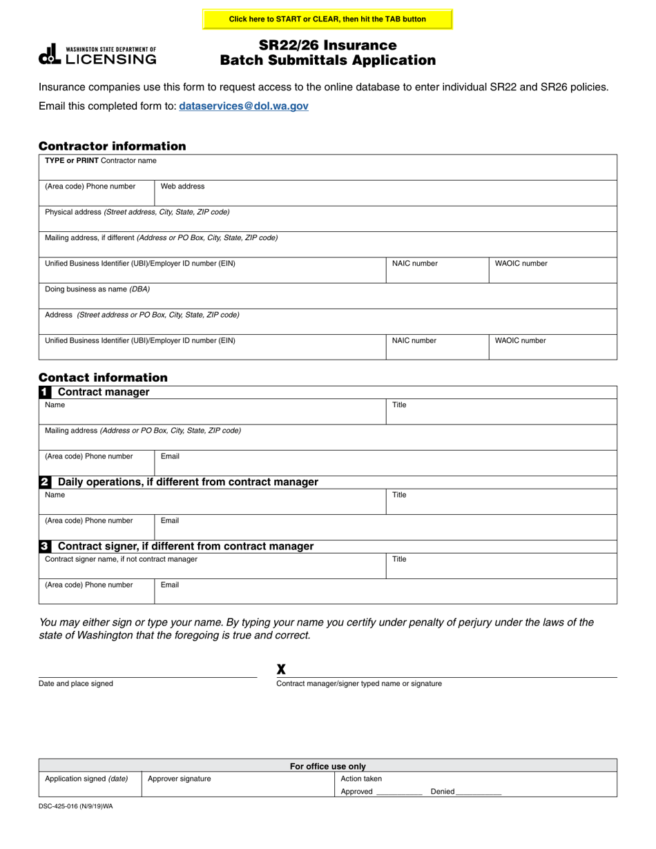 Form DSC-425-016 Sr22 / 26 Insurance Batch Submittals Application - Washington, Page 1