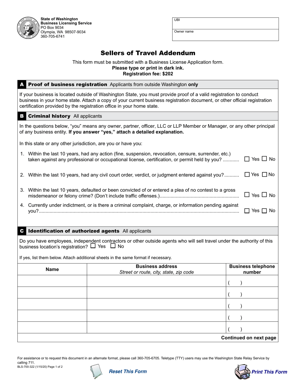 Form BLS-700-322 Sellers of Travel Addendum - Washington, Page 1