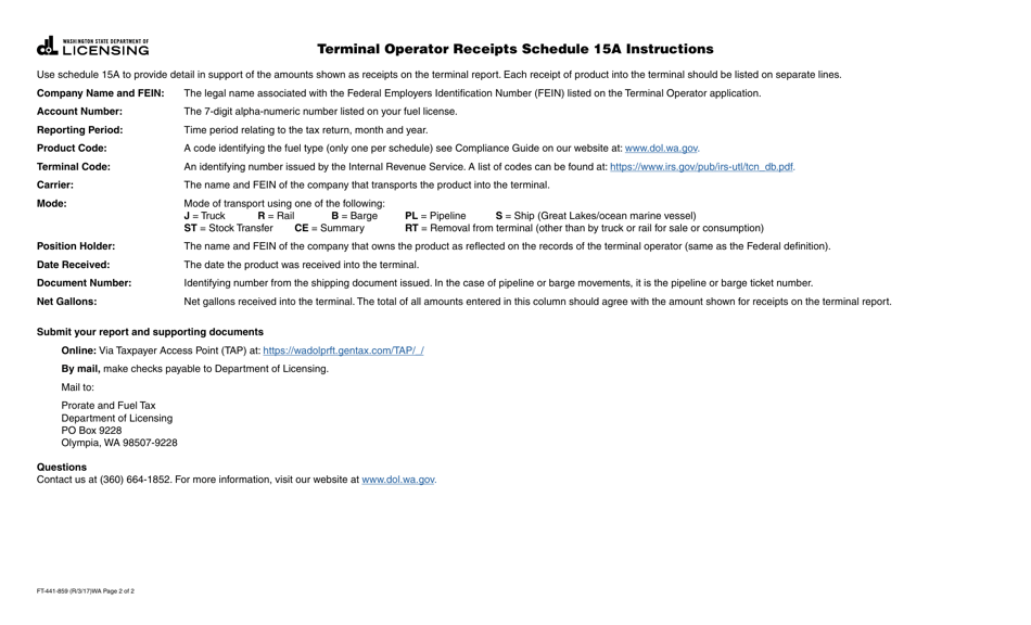 Form FT-441-859 Schedule 15A Terminal Operator Receipts - Washington, Page 2