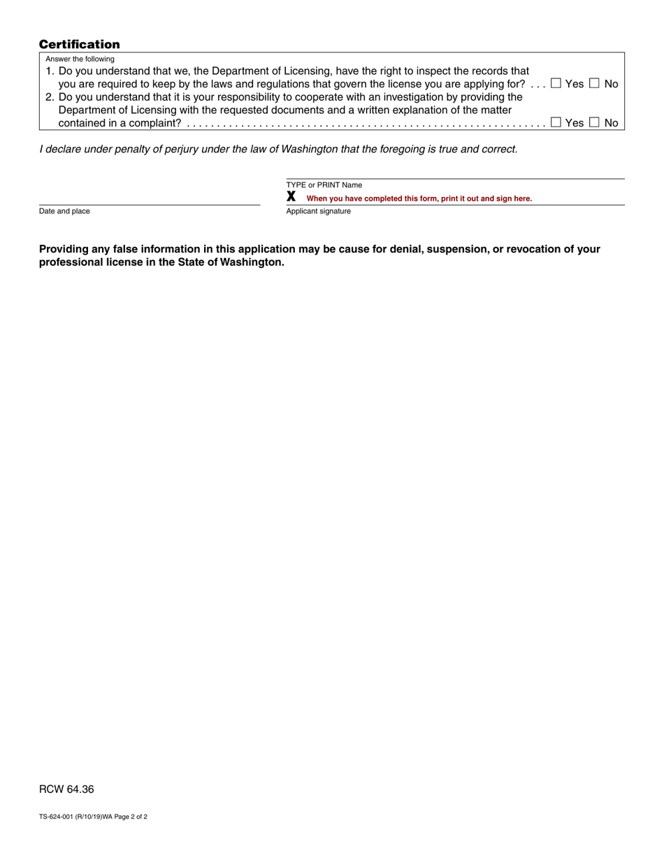 Form TS-624-001 Timeshare Salesperson Registration Application - Washington, Page 2