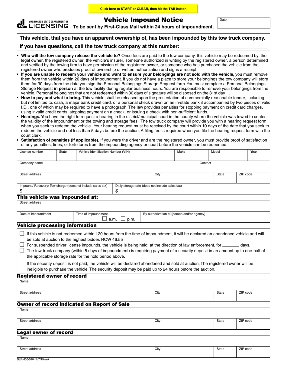 Form DLR-430-510 Vehicle Impound Notice - Washington, Page 1