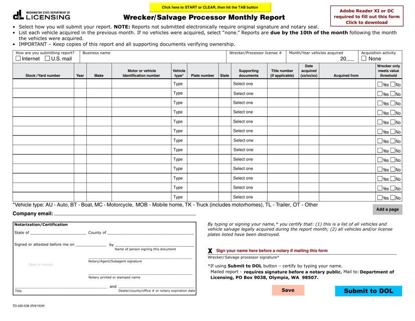 Form TD-420-538 Wrecker/ Salvage Processor Monthly Report - Washington