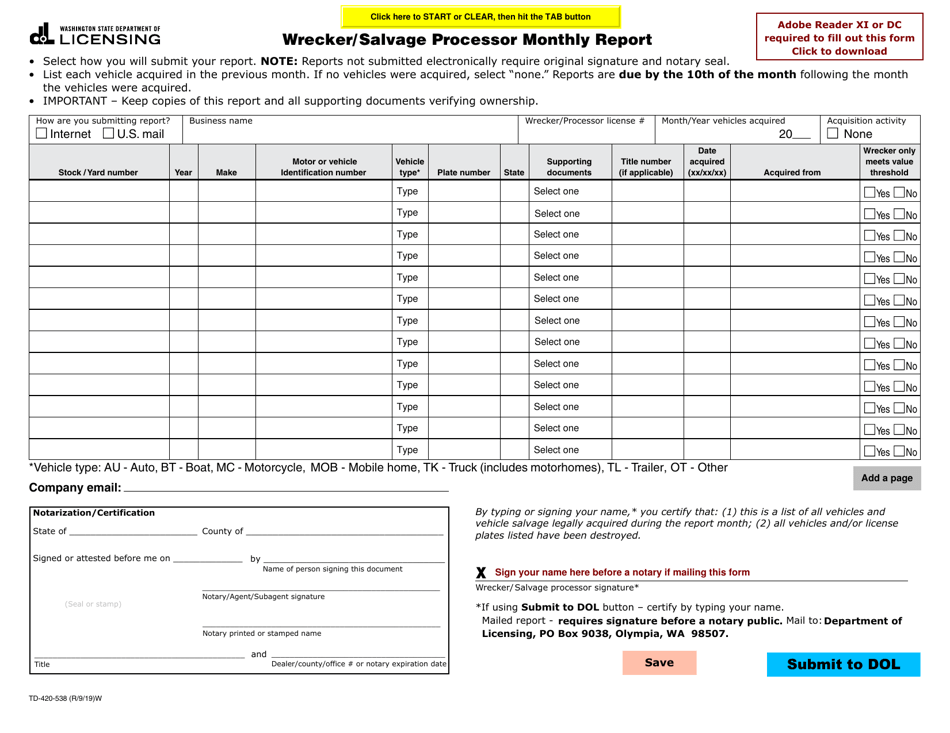 Form TD-420-538 Wrecker / Salvage Processor Monthly Report - Washington, Page 1