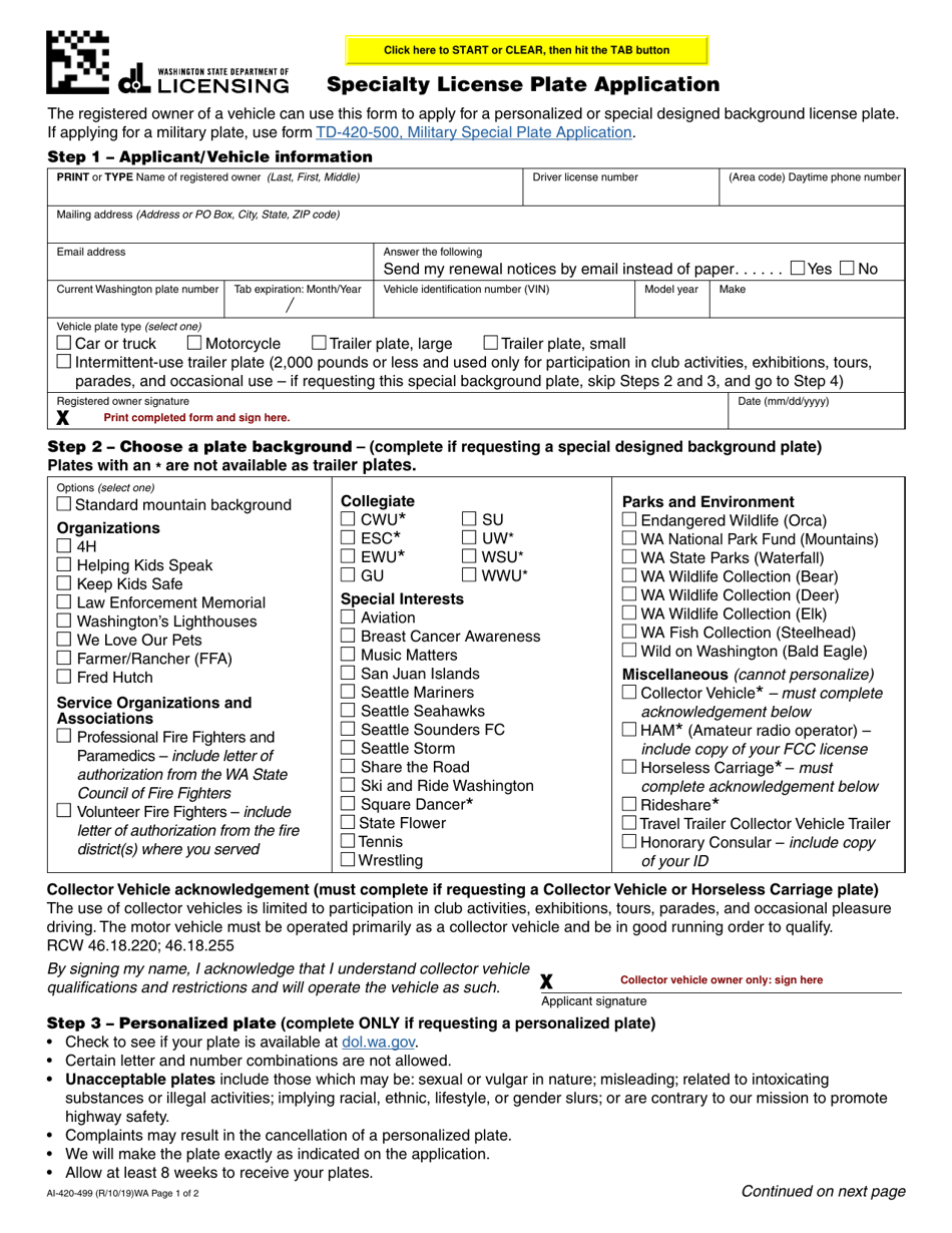 Form AI-420-499 Specialty License Plate Application - Washington, Page 1