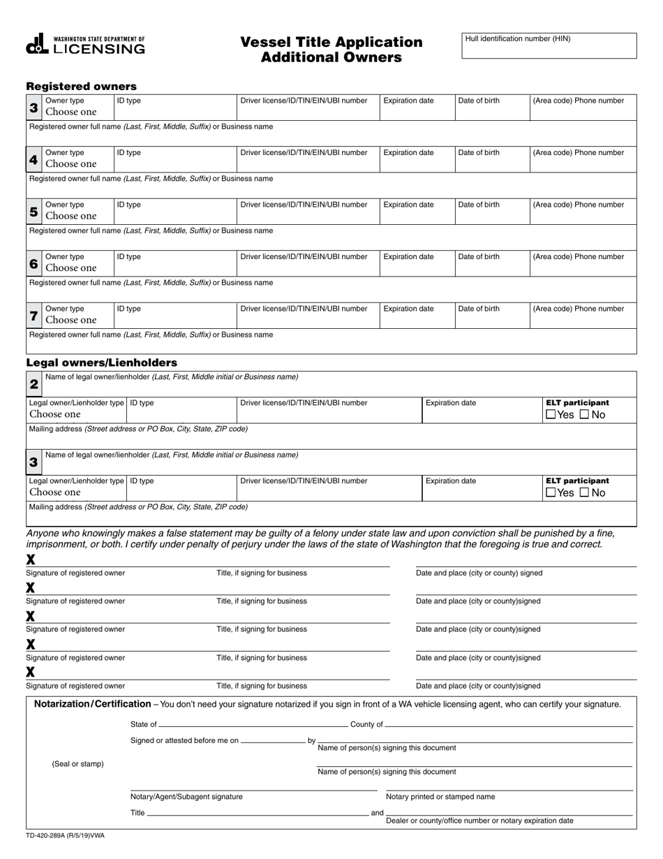 Form TD-420-289A Vessel Title Application Additional Owners - Washington, Page 1