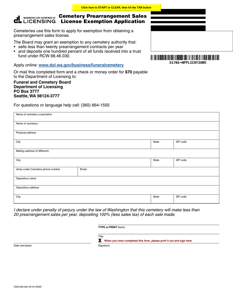 Form CEM-650-004 Cemetery Prearrangement Sales License Exemption Application - Washington, Page 1