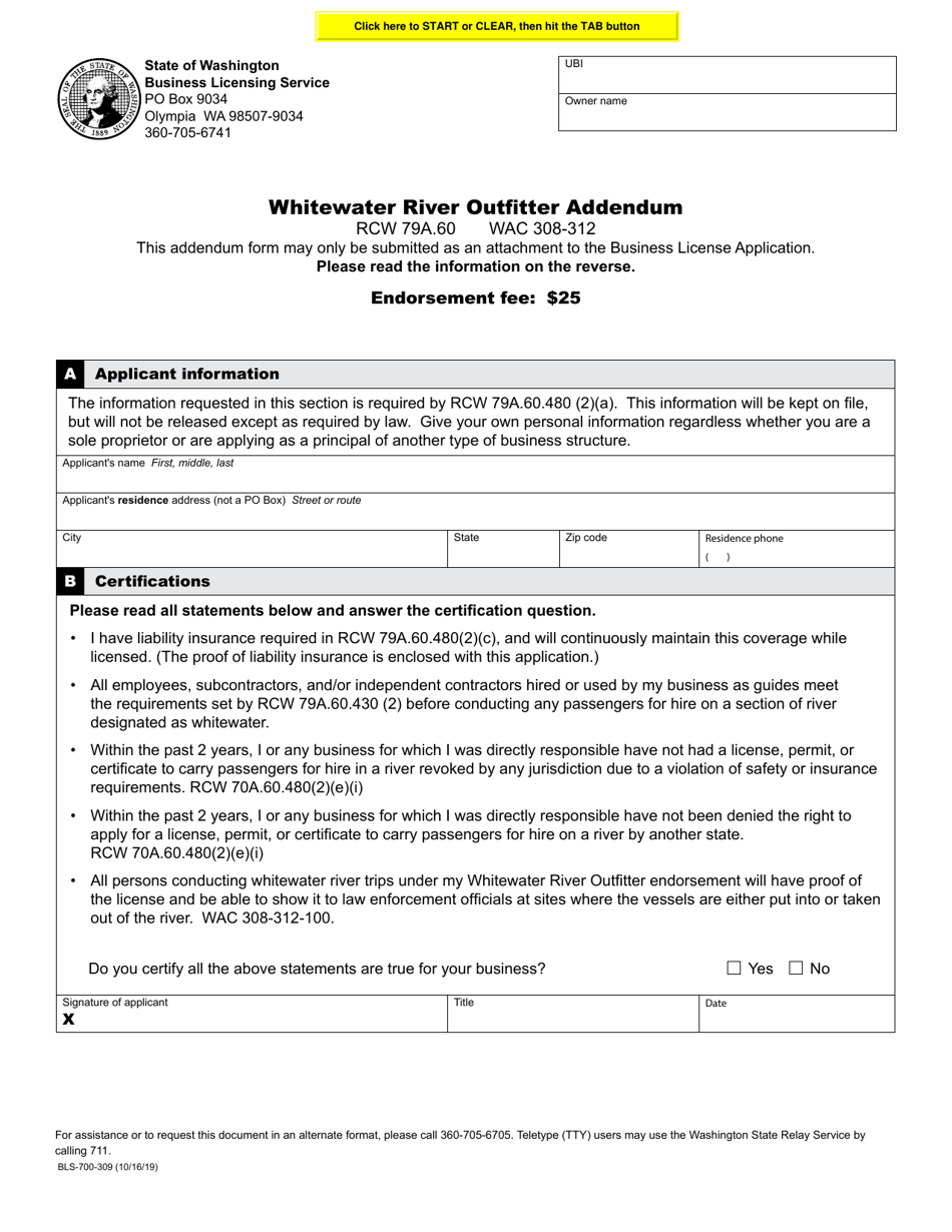 Form BLS-700-309 Whitewater River Outfitter Addendum - Washington, Page 1