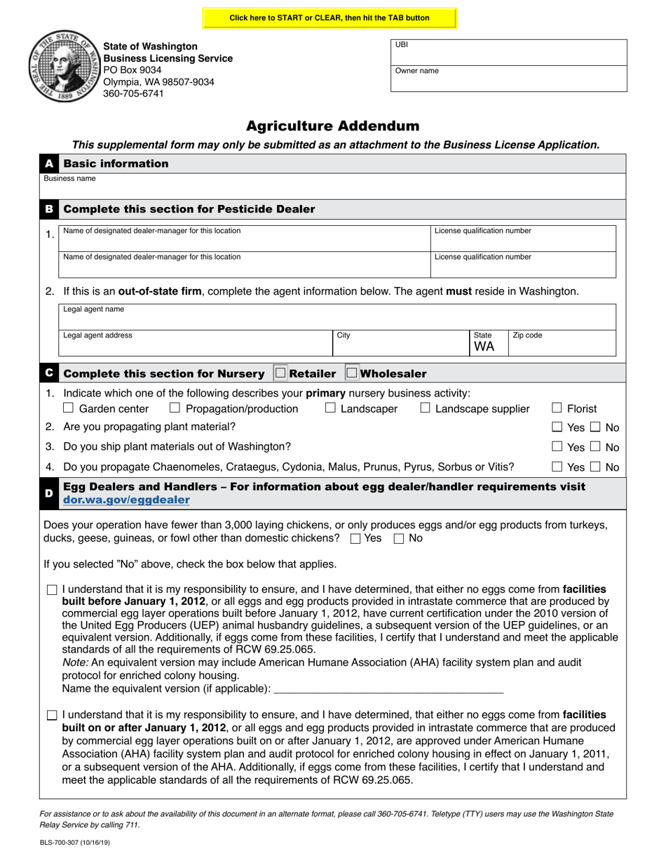 Form BLS-700-307 Agriculture Addendum - Washington, Page 1