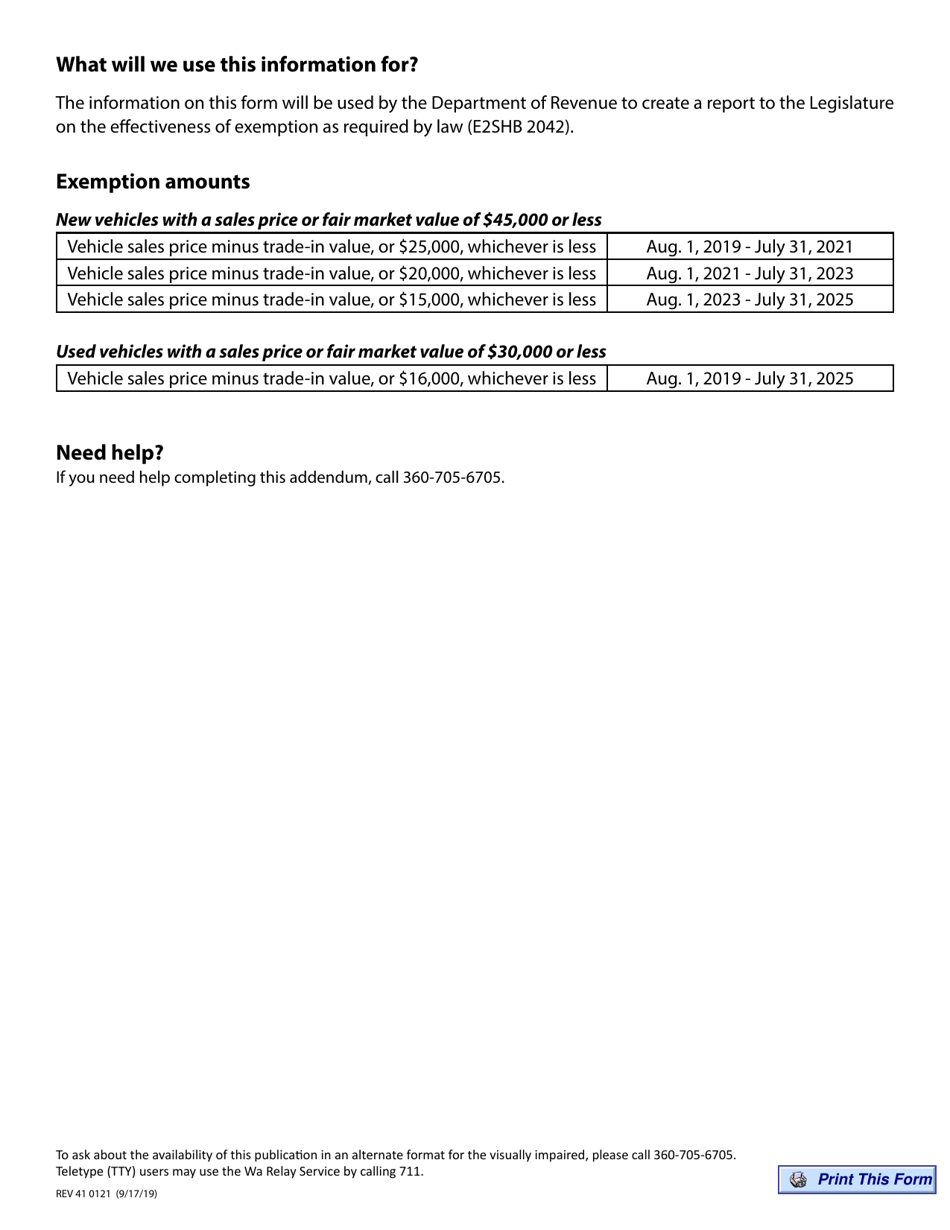 Form REV41 01021 Clean Alternative Fuel Passenger Vehicle Leases and Sales Addendum - Washington, Page 2