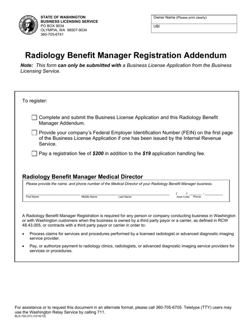 Form BLS-700-373 Radiology Benefit Manager Registration Addendum - Washington