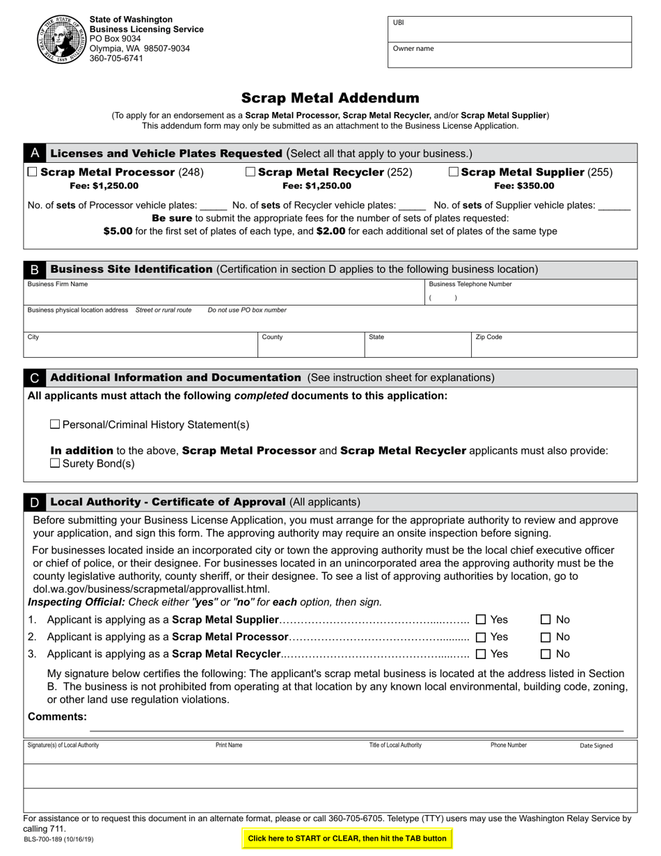 Form BLS-700-189 Scrap Metal Addendum - Washington, Page 1
