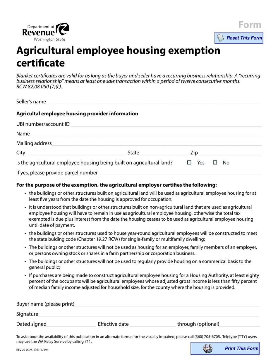 Form REV27 0025 Agricultural Employee Housing Exemption Certificate - Washington, Page 1