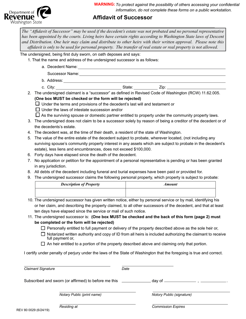Form REV80 0029 Affidavit of Successor - Washington, Page 1