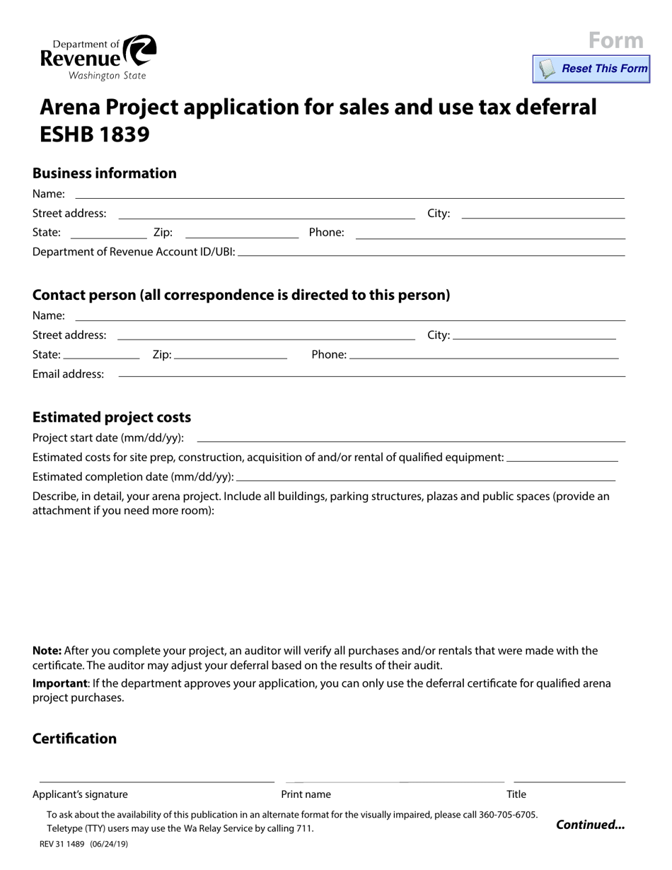 Form REV31 1489 Arena Project Application for Sales and Use Tax Deferral Eshb 1839 - Washington, Page 1