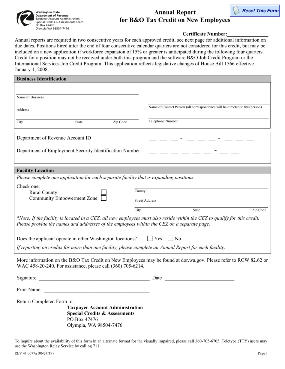 Form REV41 0077A Annual Report for Bo Tax Credit on New Employees - Washington, Page 1