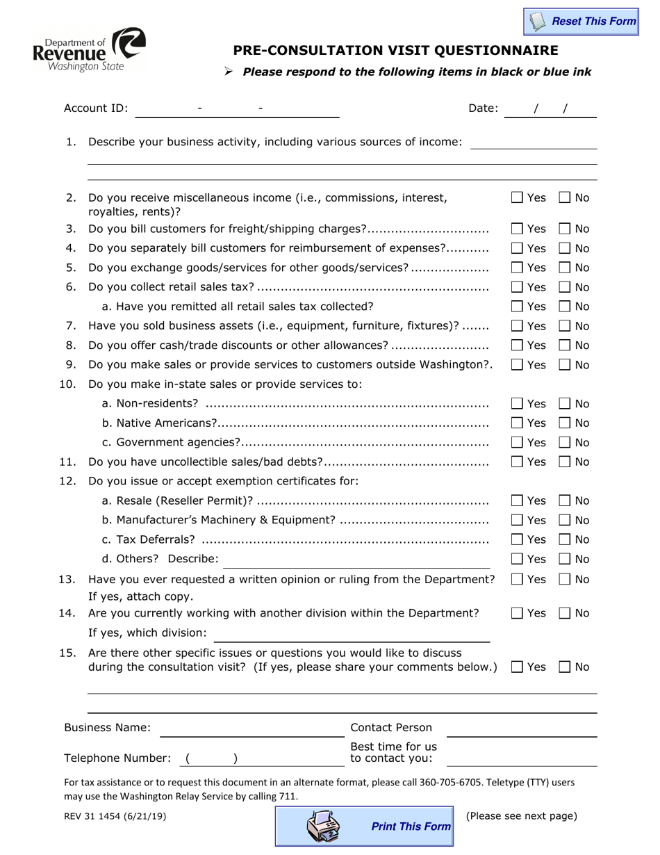 Form REV31 1454 Pre-consultation Visit Questionnaire - Washington, Page 1