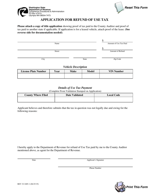 Form REV32 2485-1 Application for Refund of Use Tax - Washington