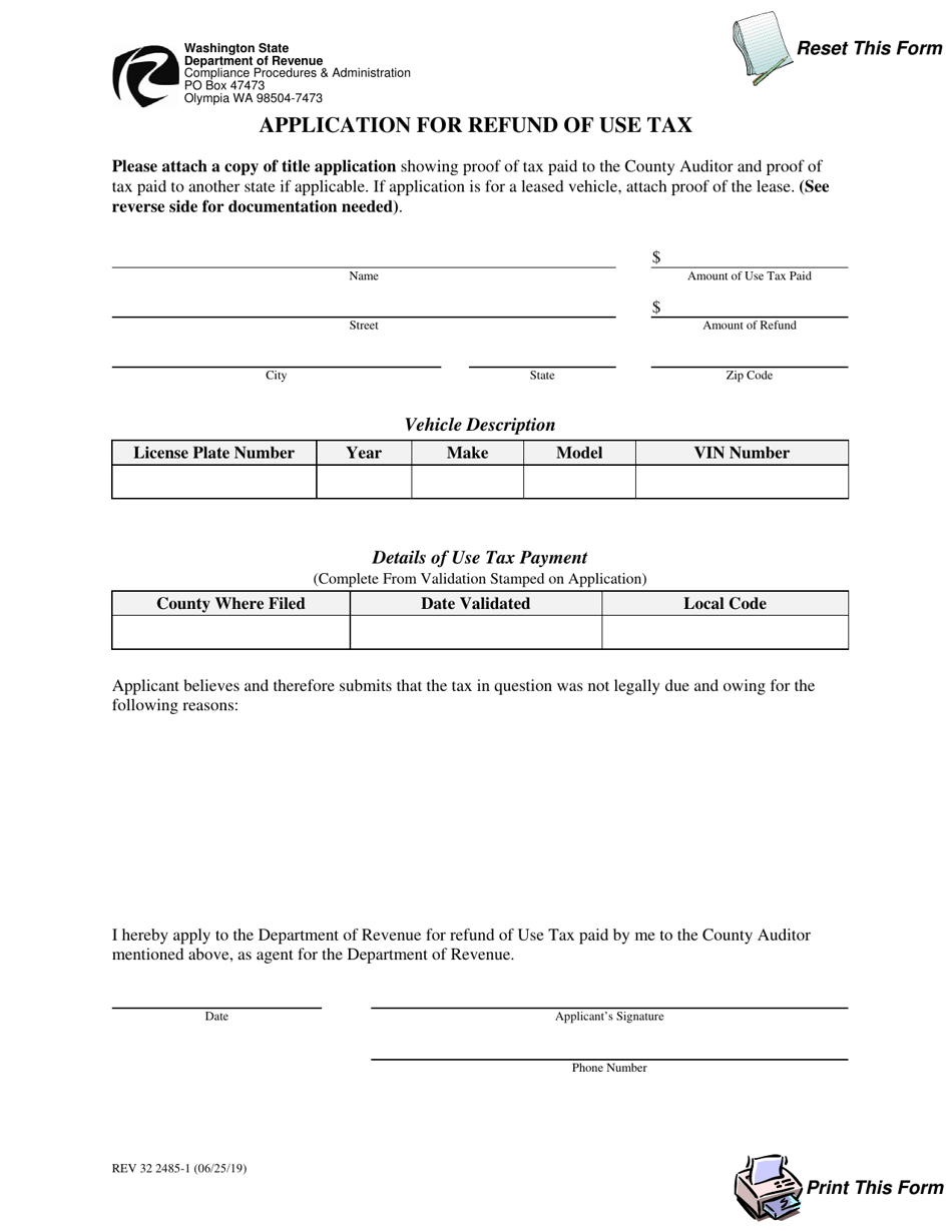 Form REV32 2485-1 Application for Refund of Use Tax - Washington, Page 1