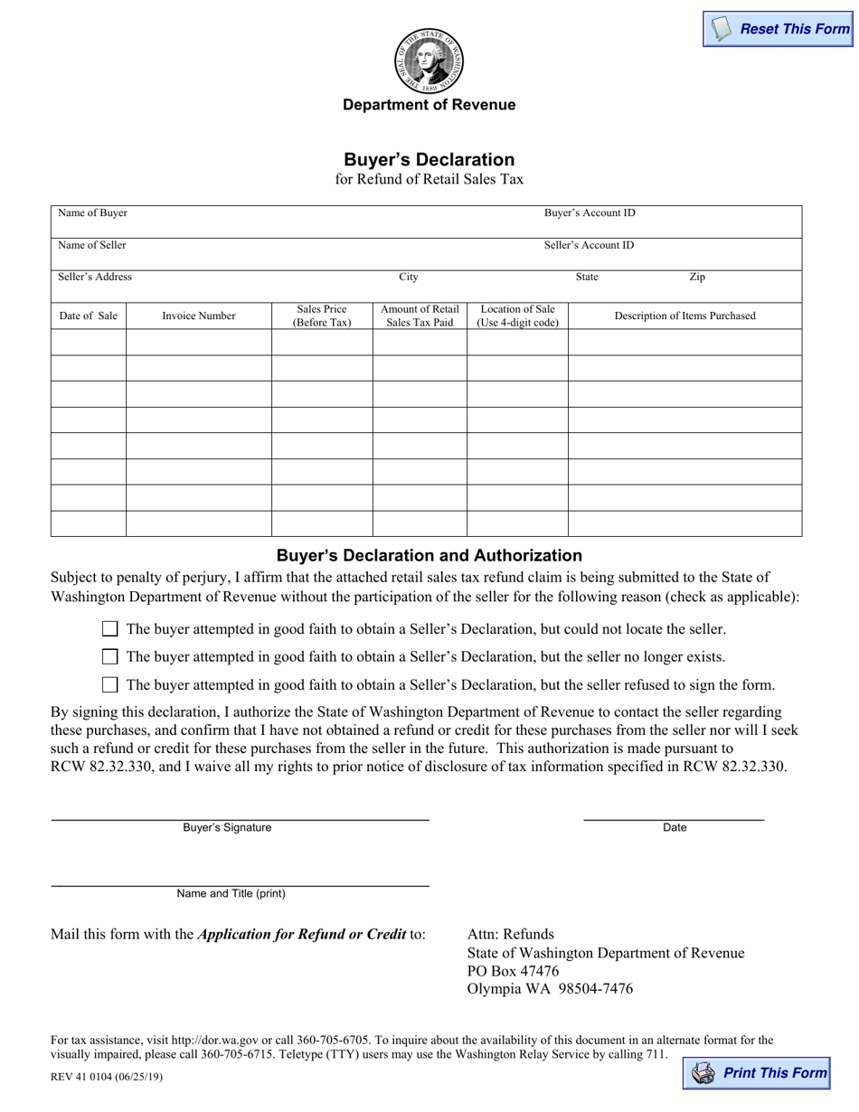 Form REV41 0104 Buyers Declaration for Refund of Retail Sales Tax - Washington, Page 1