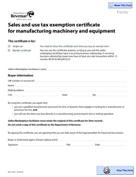 Form REV27 0021 Sales and Use Tax Exemption Certificate for Manufacturing Machinery and Equipment - Washington