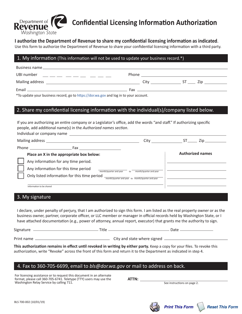 Form BLS700-002 Confidential Licensing Information Authorization - Washington, Page 1