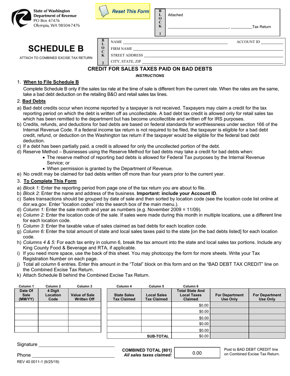 Form REV40 0011-1 Schedule B Credit for Sales Taxes Paid on Bad Debts - Washington, Page 1